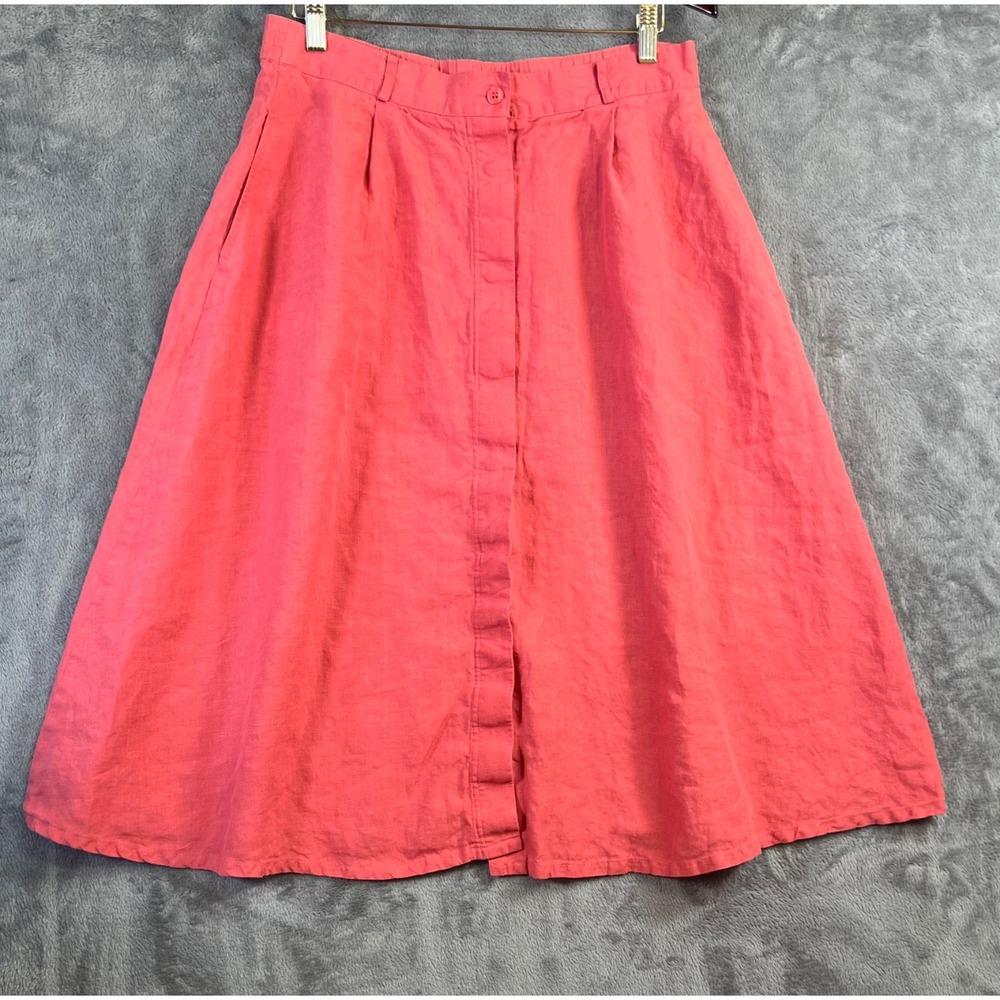 Talbots Irish Linen Skirt 14P 32x30 Pink A Line Button Front Cottage Core Midi